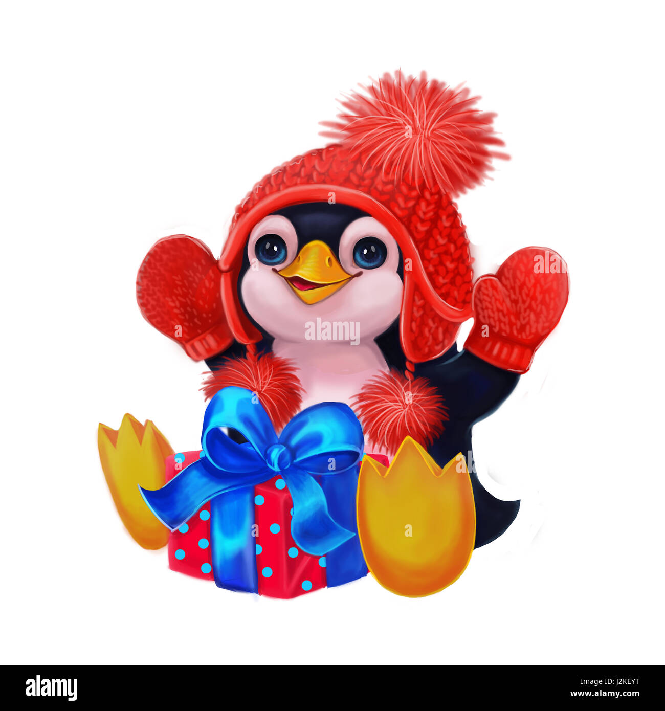 Bonnes vacances avec petit pingouin célèbre personnage drôle d'Anniversaire ou Noël avec présente, Hand-Drawn Cartoon Banque D'Images