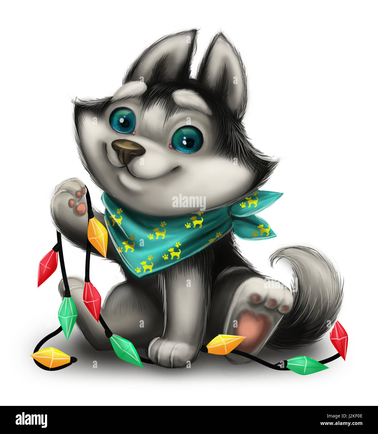 Joyeuses fêtes avec Mignon chiot Husky à jouer avec les jouets de Vacances - Joyeux Noël et Bonne Année - Personnage Banque D'Images