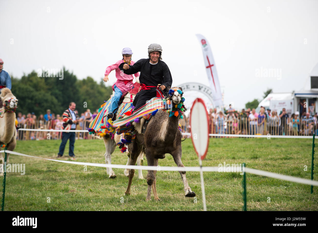 Laverstoke Park Farm, Overton, Basingstoke, Hampshire, Royaume-Uni. 27 août 2016. Les courses de chameaux à Radio 2 breakfast show DJ, Chris Evans Location Fest 2016 - Location du Sud, de l'alimentation, de la famille et de la musique pour enfants de la BBC dans le besoin. © Vous Bailey / Alamy Banque D'Images