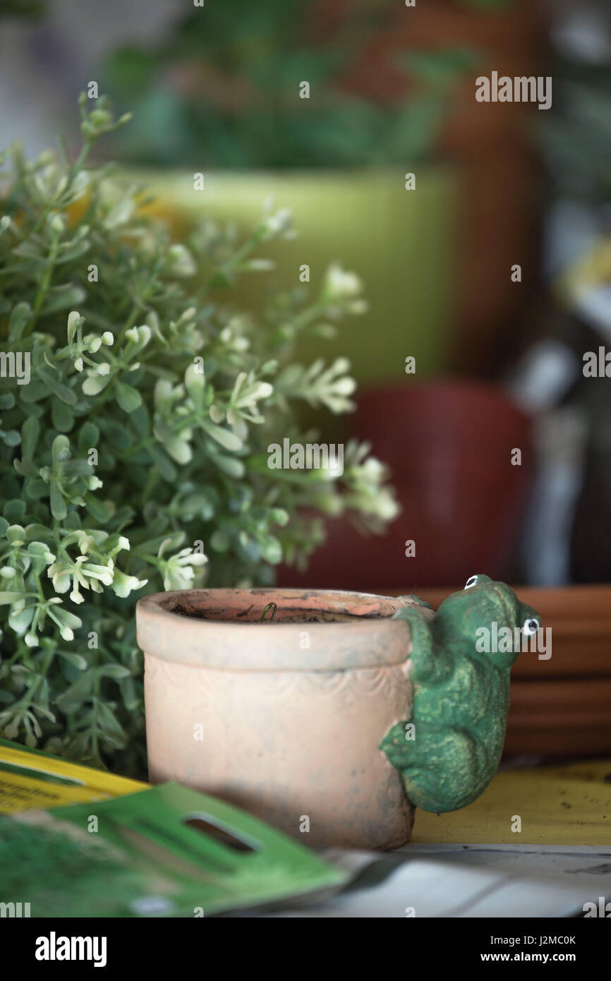 Pot de fleur avec frog figure, le décor de jardin Banque D'Images