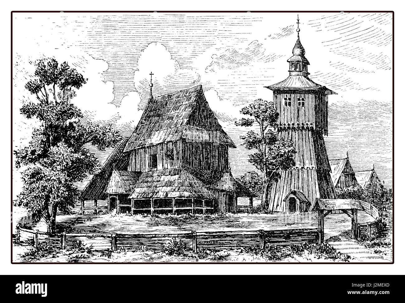 Place médiévale-log église en bois avec tour en Silésie province de Pologne en Lubomia village, XIV siècle Banque D'Images