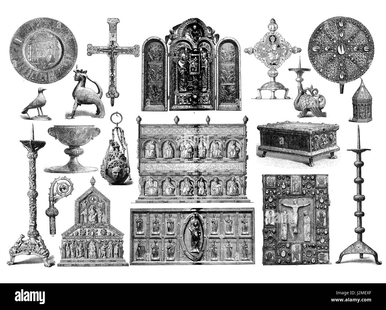 Manufacts artistique et liturgique médiéval, utilisé pour les églises et les autels décorés de symboles religieux, gravure Banque D'Images