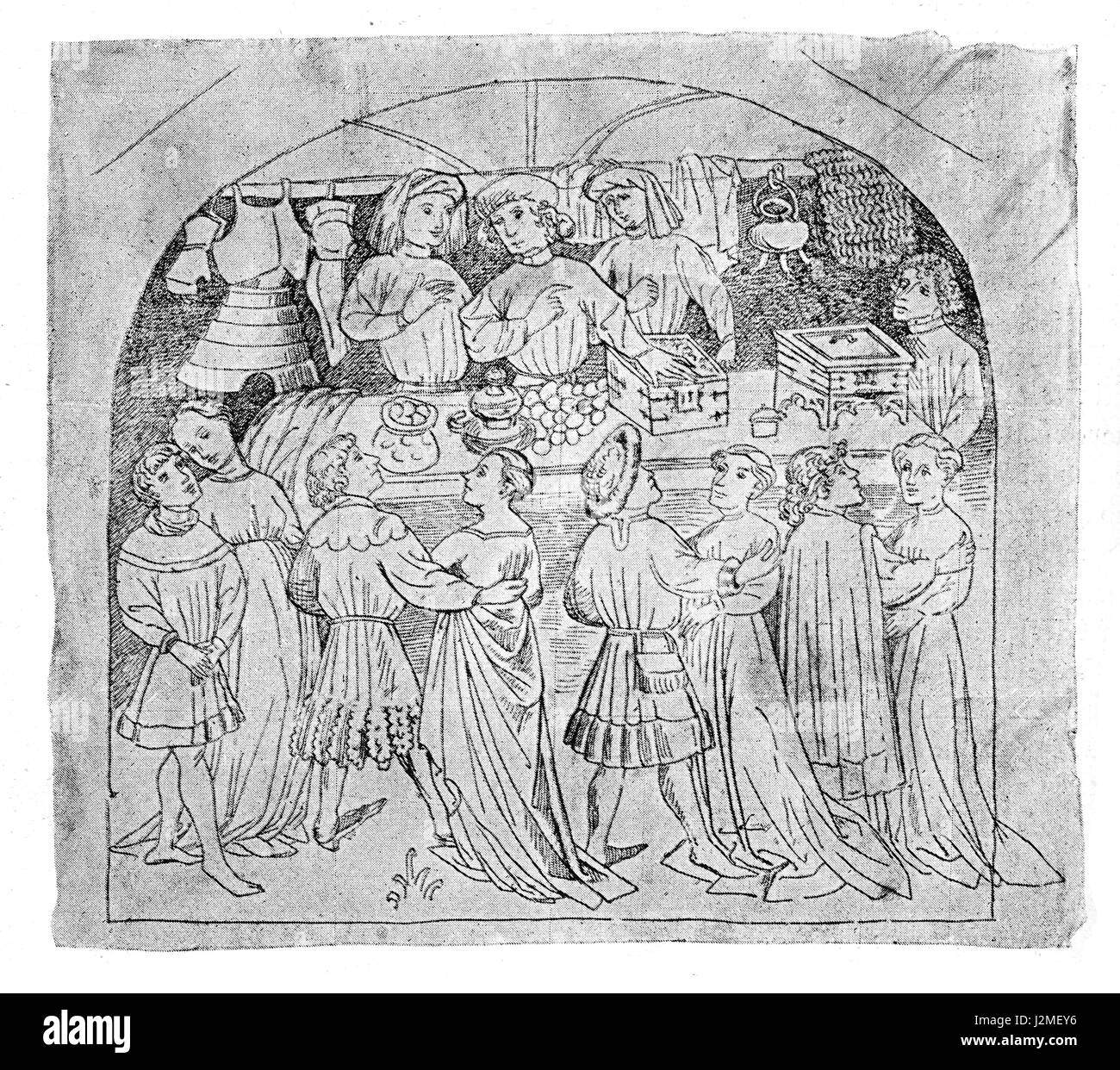 La représentation médiévale d'un stand du marché offrant des marchandises, des vêtements, des armures et de l'alimentation Banque D'Images