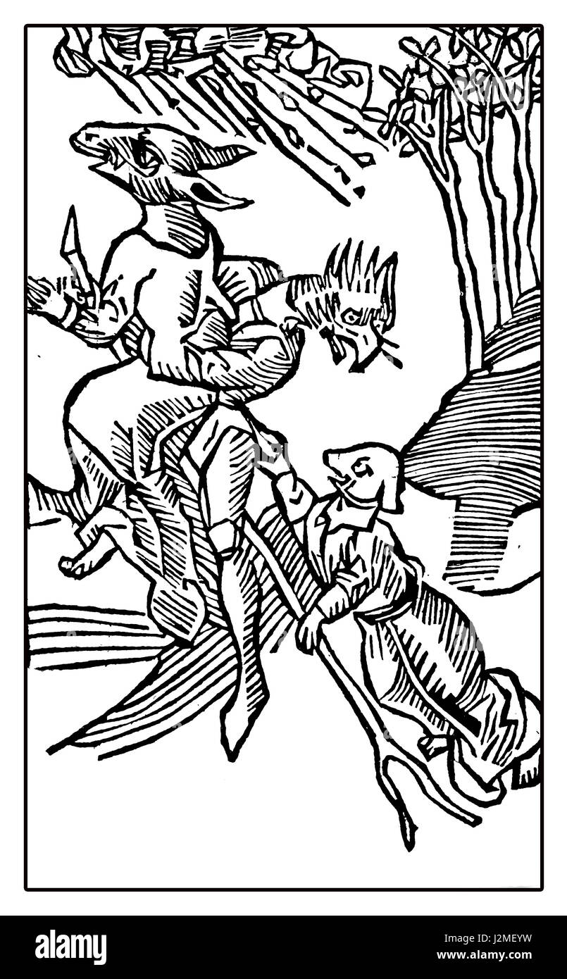 Dessin représentant des sorcières médiévale avec des têtes d'animaux volant sur le dos d'une branche en bois fourchue Banque D'Images