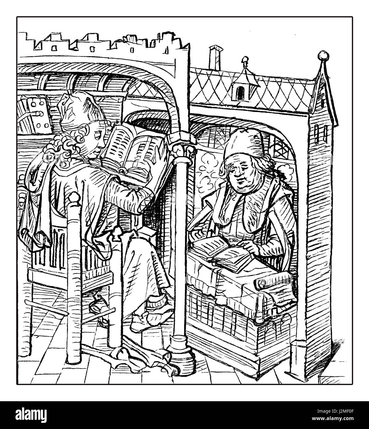 Gravure médiévale représentant d'universitaires étudiant au lutrin Banque D'Images