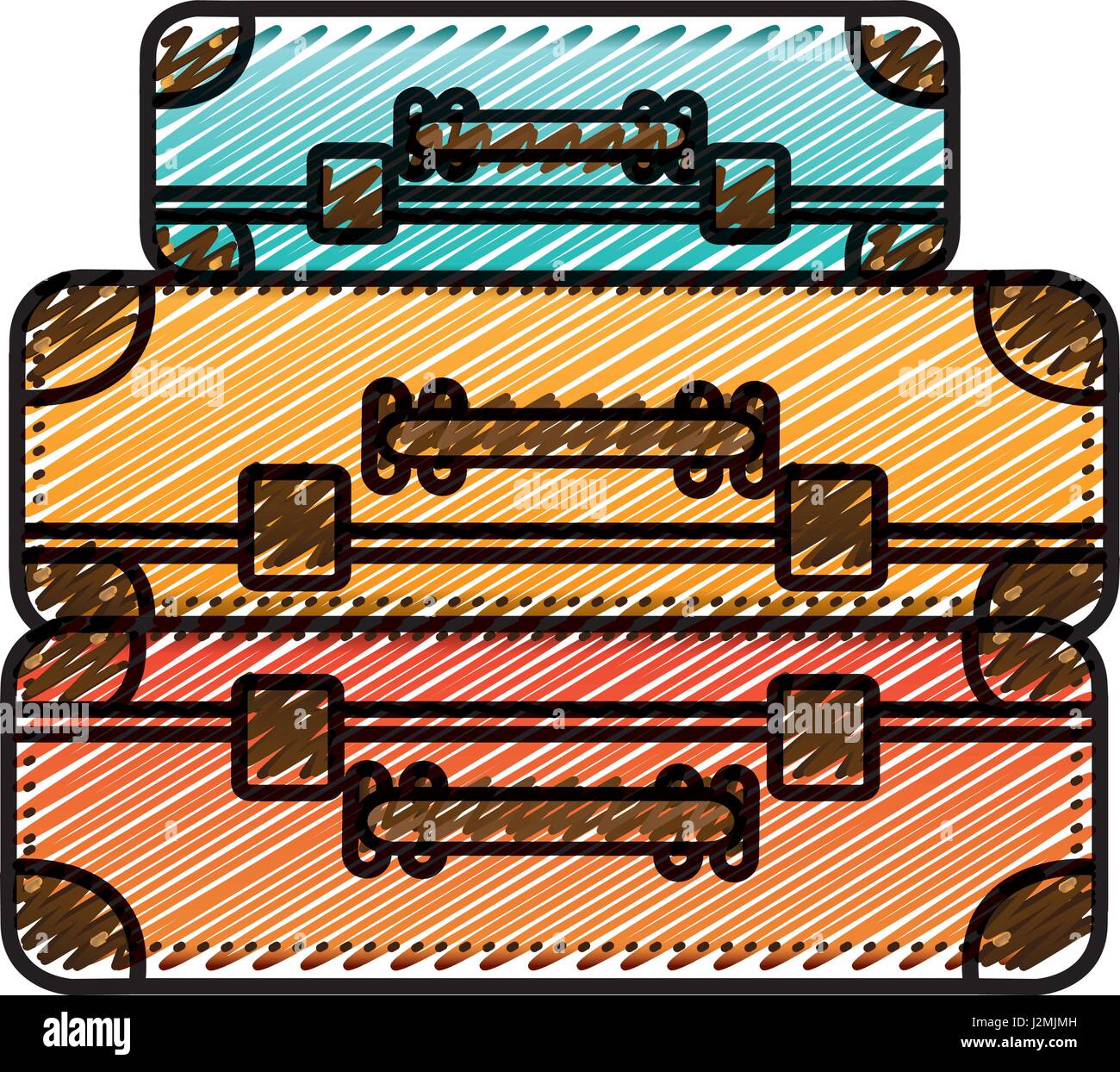 Dessin au crayon de couleur d'ossature avec set de valises mis en plusieurs couleurs Illustration de Vecteur
