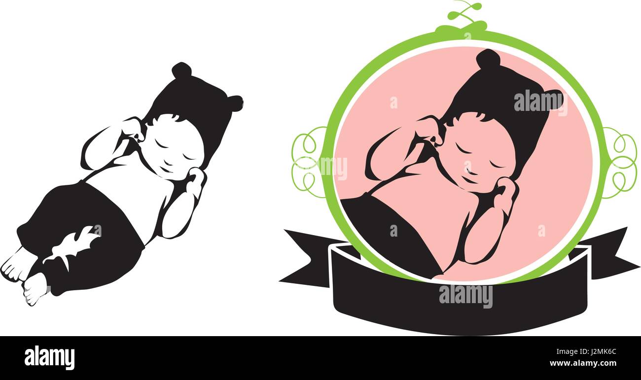 Sleeping Baby Vector Icon - Silhouette en ornement circulaire avec légende Ruban Floral Frame Illustration de Vecteur