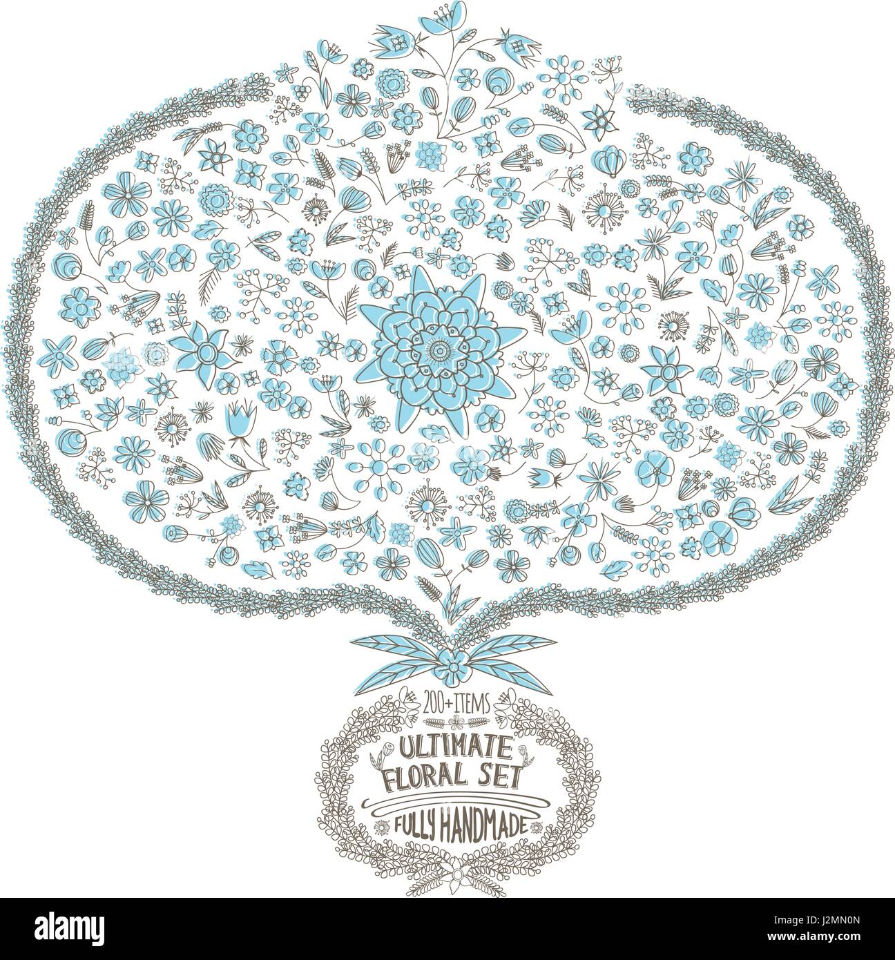 Hand-Drawn Floral Vintage avec des éléments de jeu de feuilles, fleurs et courbes en bleu Vector Illustration de Vecteur