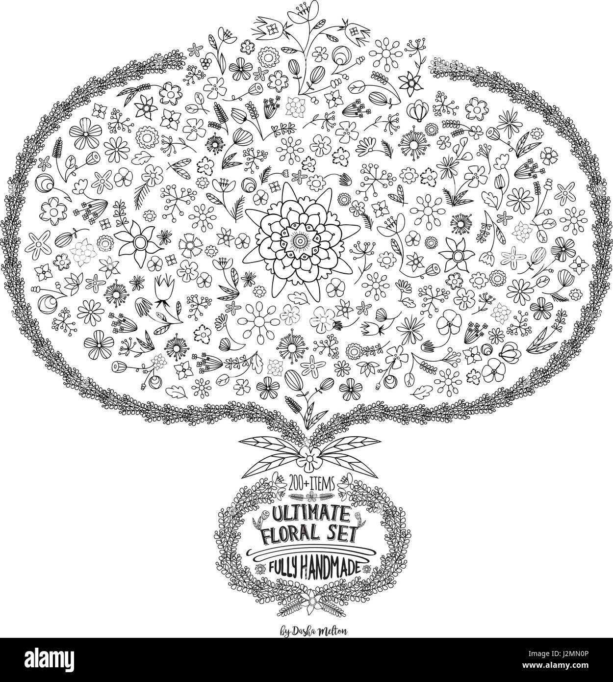 Hand-Drawn Floral Vintage avec des éléments de jeu de feuilles, fleurs, des courbes en noir et blanc Illustration de Vecteur