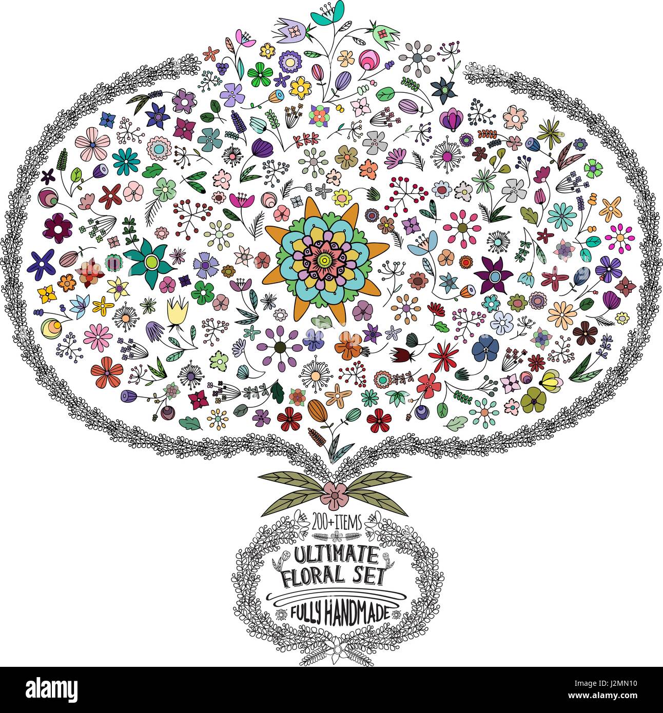 Hand-Drawn Floral Vintage avec des éléments de jeu de feuilles, fleurs, des courbes de couleurs vives dans Vector Illustration de Vecteur