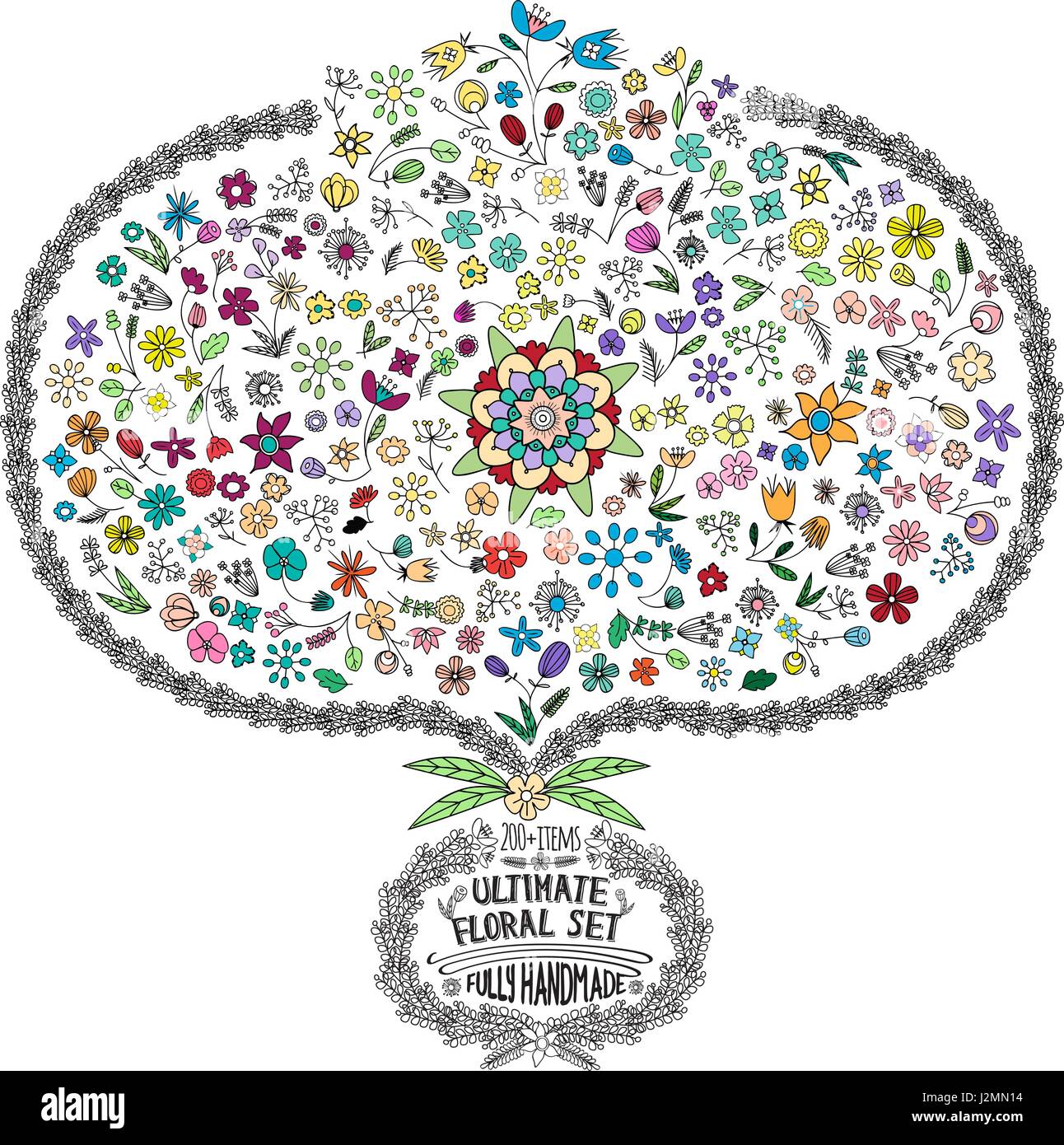 Hand-Drawn Floral Vintage avec des éléments de jeu de feuilles, fleurs, des courbes de couleurs vives dans Vector Illustration de Vecteur