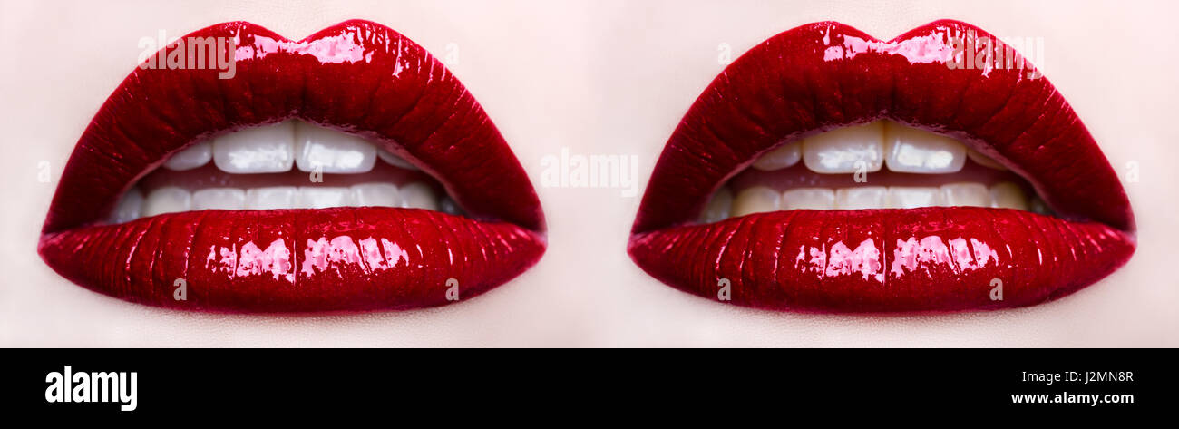 Lèvres rouge double, blanchiment des dents avant et après Banque D'Images