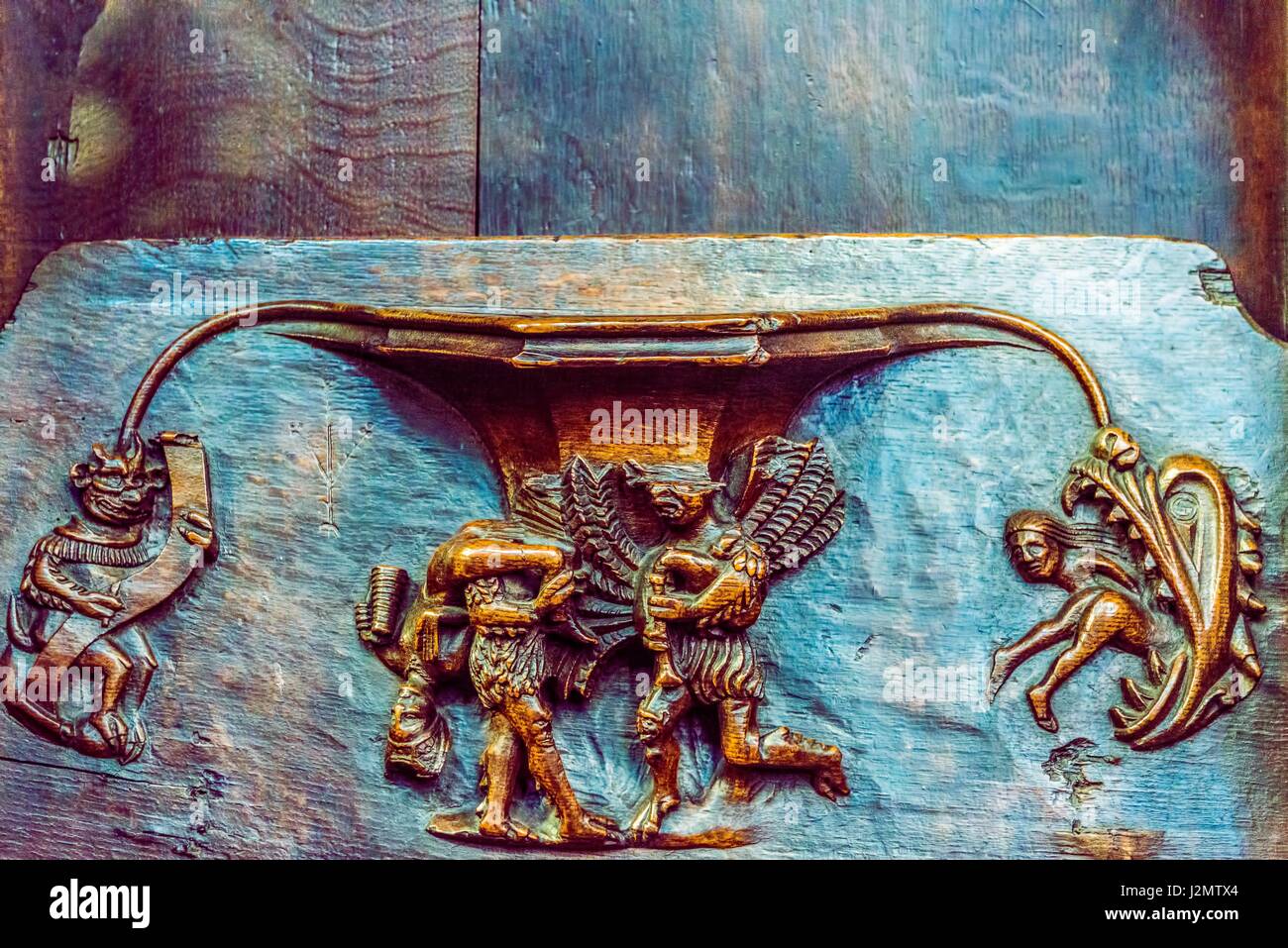 Londres, Royaume-Uni - 23 Avril 2017 : de belles sculptures sur bois en miséricordes sur St Laurence's Church, Ludlow, Shropshire, England, UK Banque D'Images