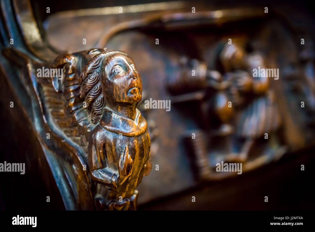Londres, Royaume-Uni - 23 Avril 2017 : de belles sculptures sur bois en miséricordes sur St Laurence's Church, Ludlow, Shropshire, England, UK Banque D'Images
