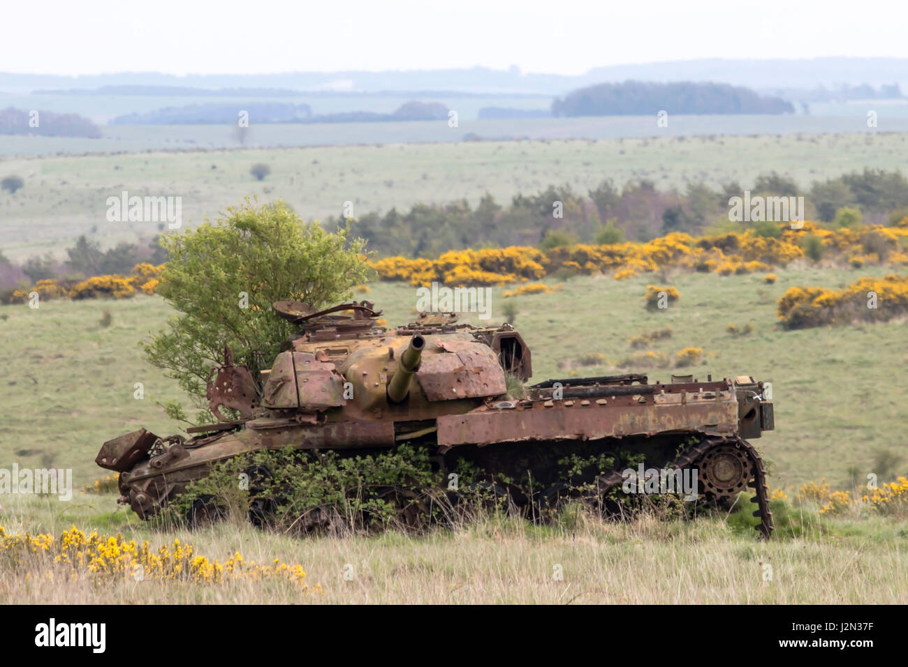 Des tanks de l'armée détruit Britih militaire dans la plaine de Salisbury, Wiltshire, Angleterre Gammes Banque D'Images