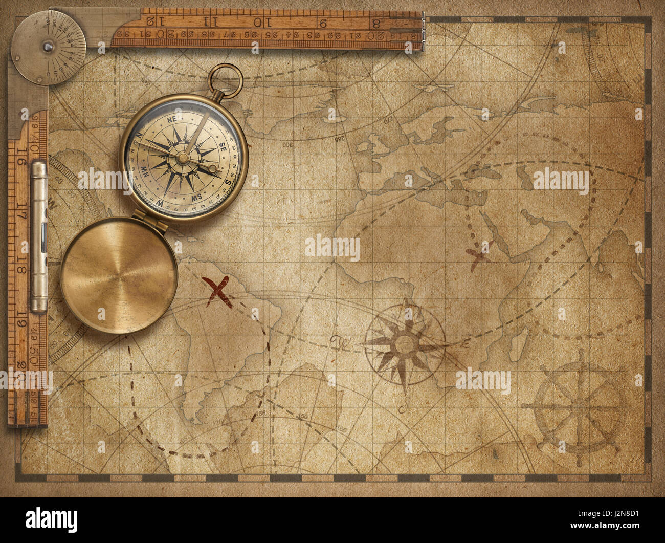 L'aventure et explorer avec l'ancienne carte du monde nautique (illustration 3d'éléments cartographiques sont meublées par la NASA) Banque D'Images
