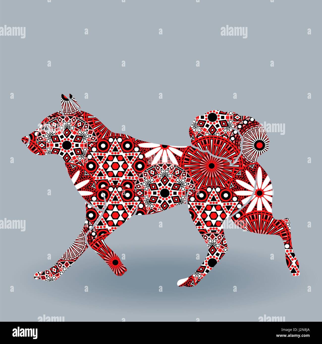 Chien de race Laika décousu, vecteur silhouette pochoir remplir de fleurs stylisées en rouge, blanc et noir sur fond gris Illustration de Vecteur