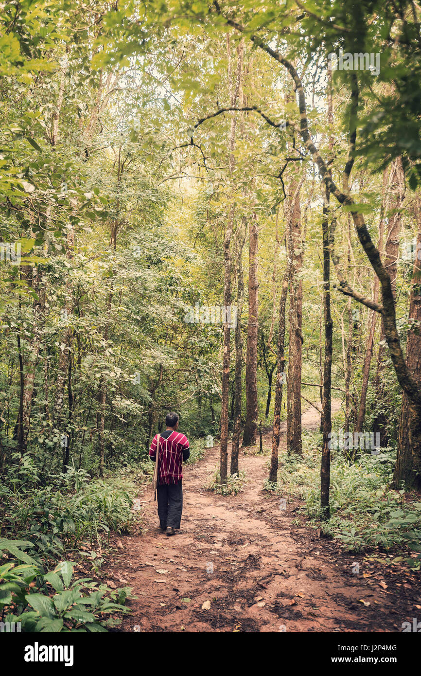 Hill tribe homme marchant le long d'un sentier forestier dans le nord de la Thaïlande, look vintage Banque D'Images