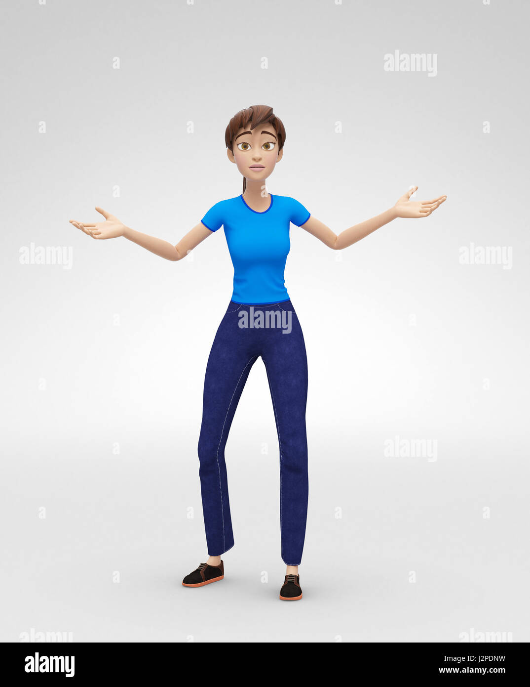 Surpris Jenny dire quoi - Dessins animés en 3D - Modèle de personnage féminin semble indifférent, perdu et découragé Banque D'Images