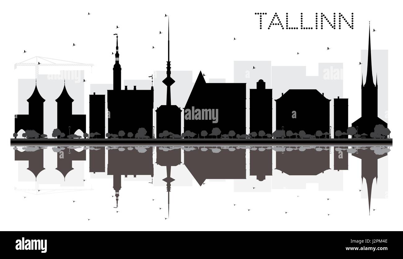 Tallinn City skyline silhouette noir et blanc avec des reflets. Vector illustration. Concept simple pour le tourisme présentation, bannière, un placard Illustration de Vecteur