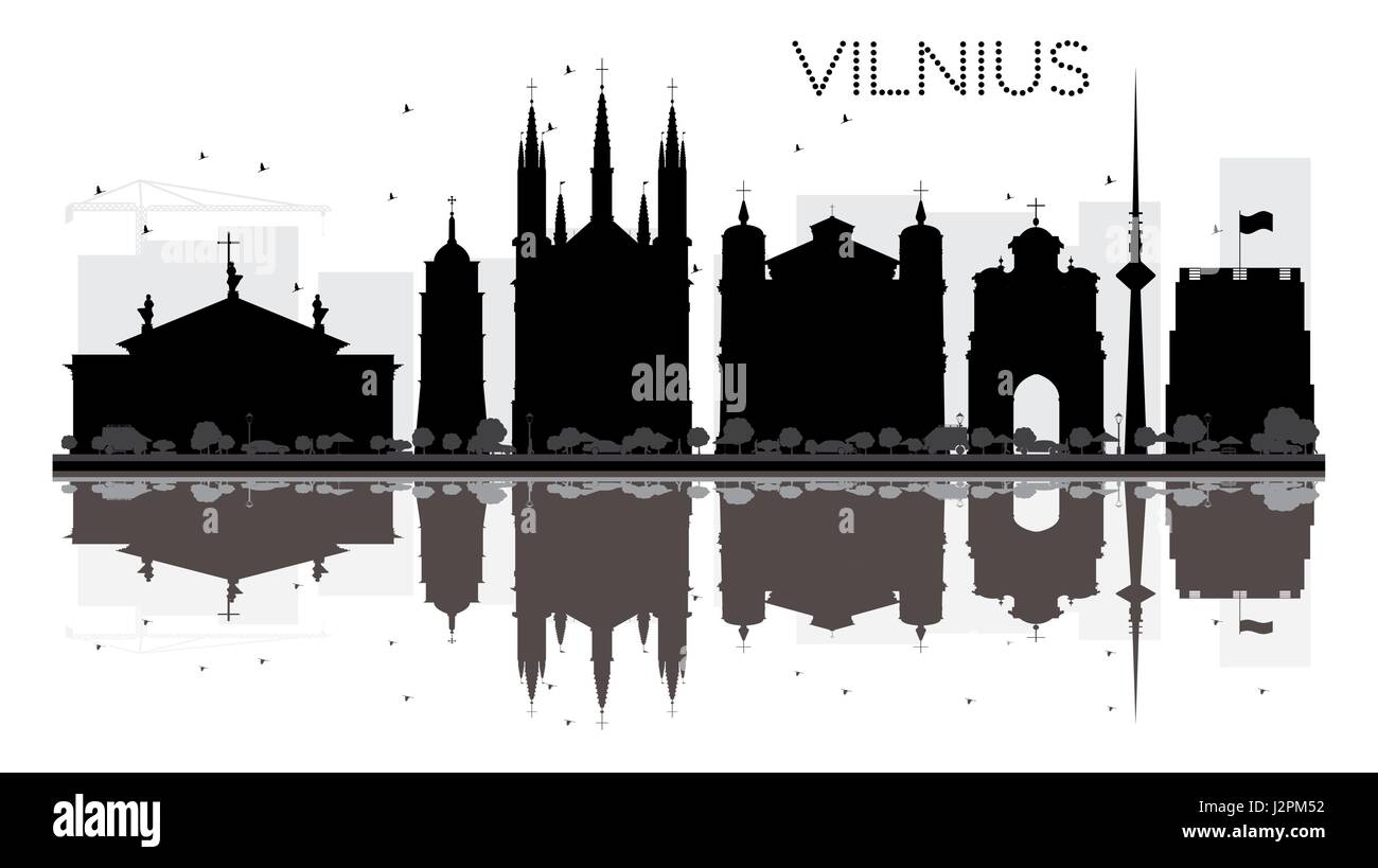 Vilnius City skyline silhouette noir et blanc avec reflets. vector illustration. simple télévision concept pour tourisme présentation, bannière, un placard Illustration de Vecteur