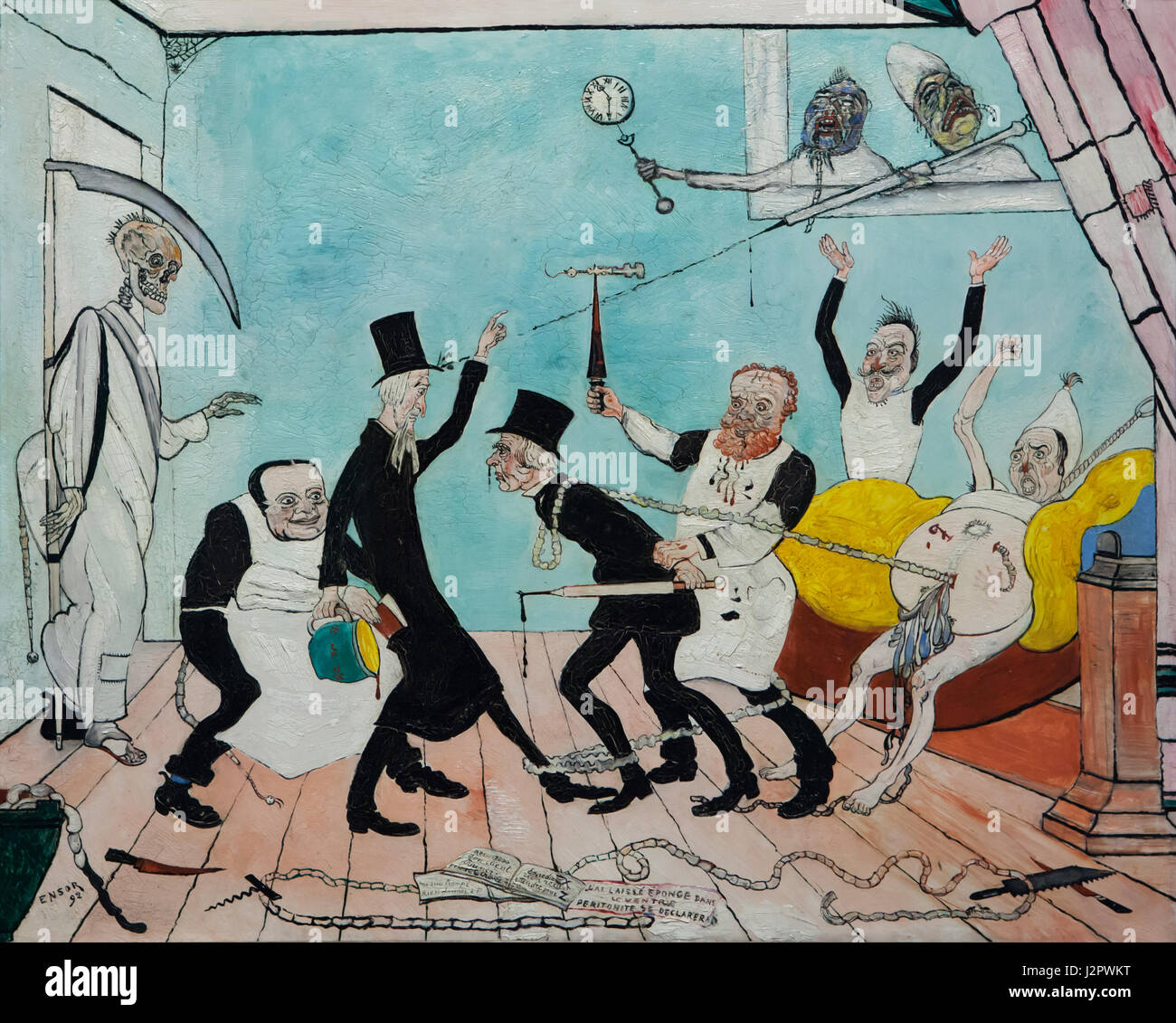 Peinture 'Les Mauvais Médecins' par peintre belge James Ensor (1892) sur l'affichage dans les Musées royaux des beaux-arts de Bruxelles, Belgique. Banque D'Images