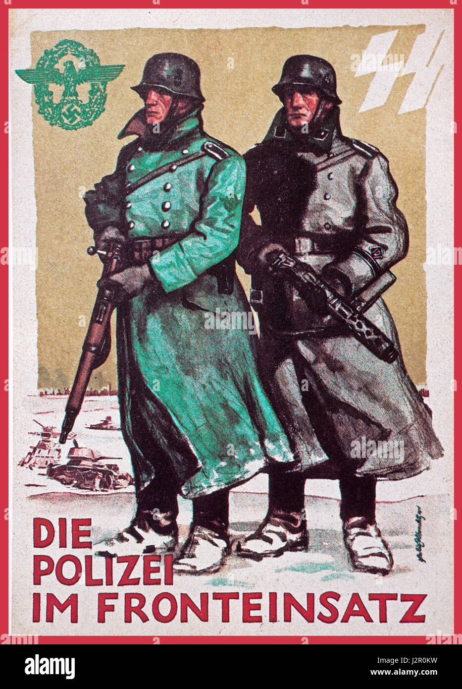 La Seconde Guerre mondiale, 2 carte postale de propagande officielle de l'Allemagne nazie sous-titrées "la police dans les lieux d' sur le front de l'offensive d'hiver russe Banque D'Images