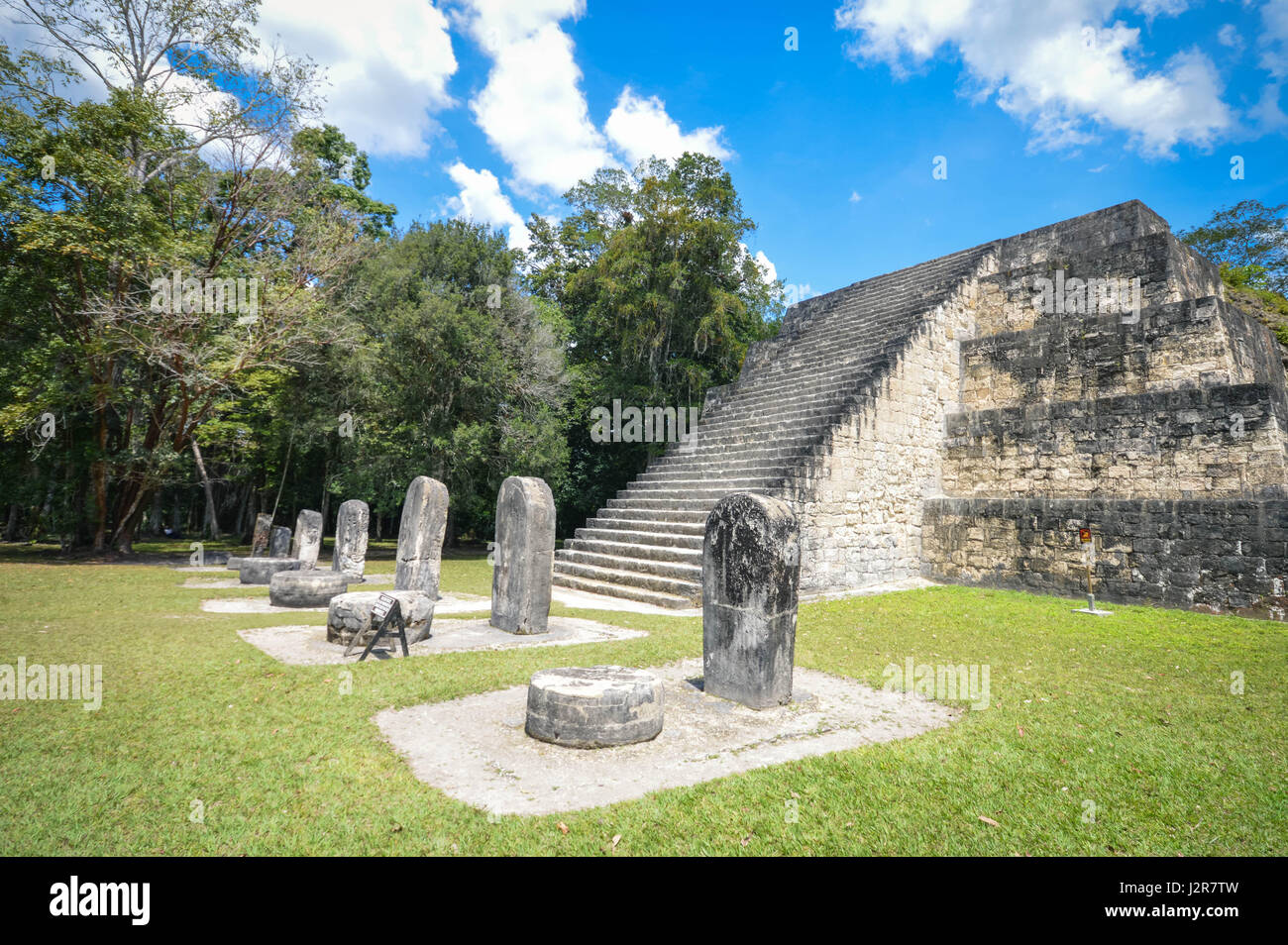 L'une des pyramides du complexe q et de nombreux stellae dans le parc national de Tikal et site archéologique, le Guatemala en Amérique centrale. Banque D'Images