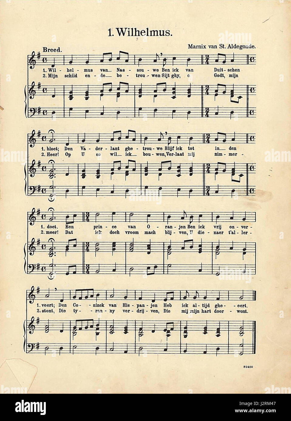 Il s'agit de la première page du texte « Wilhelmus », qui est une chanson historique néerlandaise et un hymne national clé, associé à l'indépendance néerlandaise. Banque D'Images