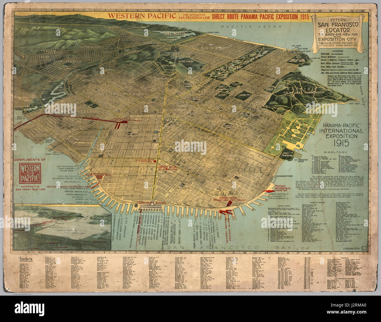 La carte Birds Eye de San Francisco de 1914 est une illustration aérienne détaillée capturant la disposition de la ville au début du XXe siècle. La carte offre une vue de birdâ€™s de la ville, mettant en évidence les rues principales, les points de repère et les quartiers. Banque D'Images