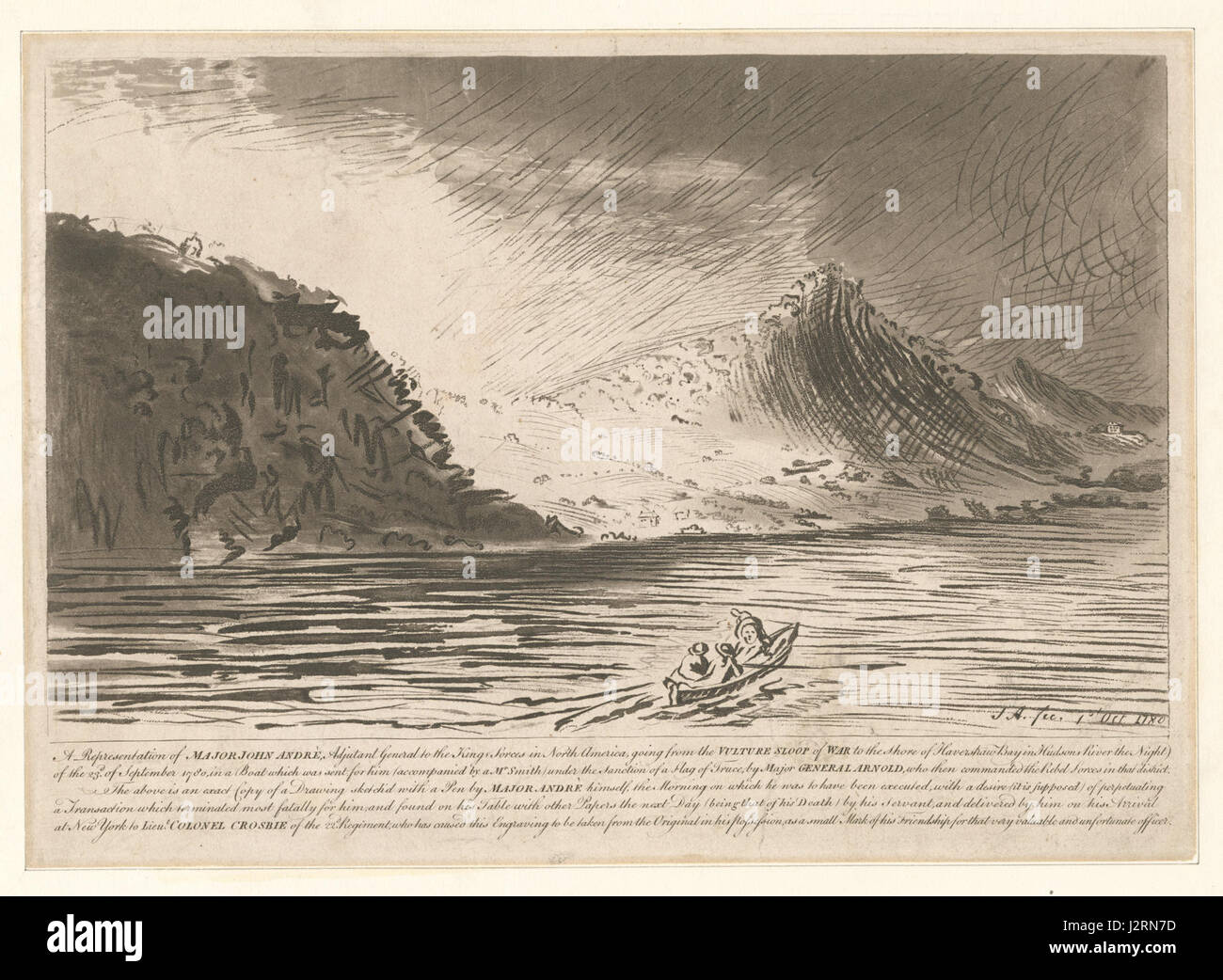 Cette image historique représente le major John AndrÃ©, adjudant général des forces britanniques en Amérique du Nord, alors qu'il est transféré du sloop de guerre Vulture sur les rives de la baie Havertraw, dans la rivière Hudson, pendant la Révolution américaine. Banque D'Images