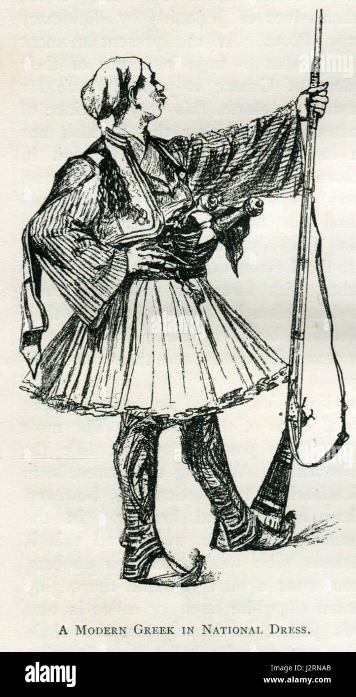 La peinture de John Pentland Mahaffy de 1890, « Un grec moderne en robe nationale », dépeint un homme grec habillé en tenue nationale traditionnelle, reflétant le patrimoine culturel de la Grèce. La peinture capture la fierté et l'identité de l'individu dans le contexte de la robe nationale grecque, symbolisant un lien profond avec la tradition grecque et l'identité nationale. Banque D'Images