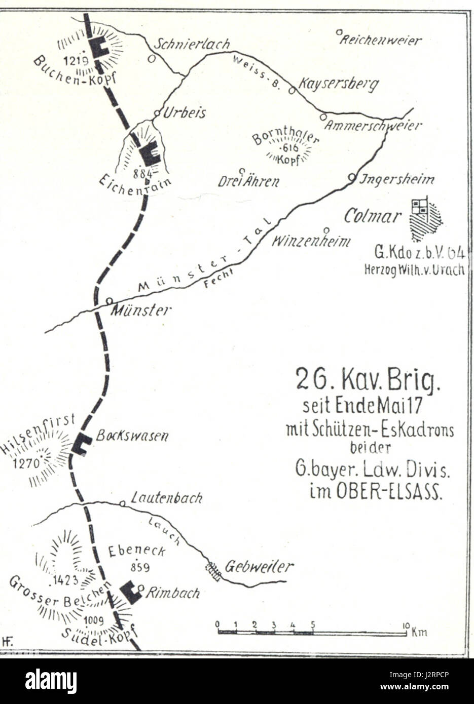 Carte page 72 : 26th Cav. Brig. Depuis la fin du mois de mai 1917 avec des escadrons de fusils avec le 6th Bavarian. LDW.Div. En haute Alsace Banque D'Images
