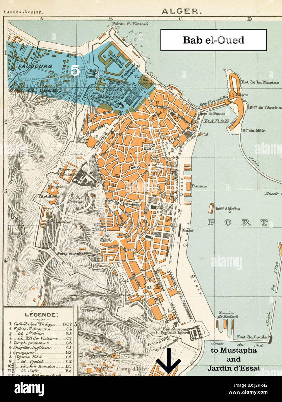 Plan 1888 d'Alger, Algérie--Région de Bab-el-Oued, Mustapha, et du Jardin d'essai Banque D'Images