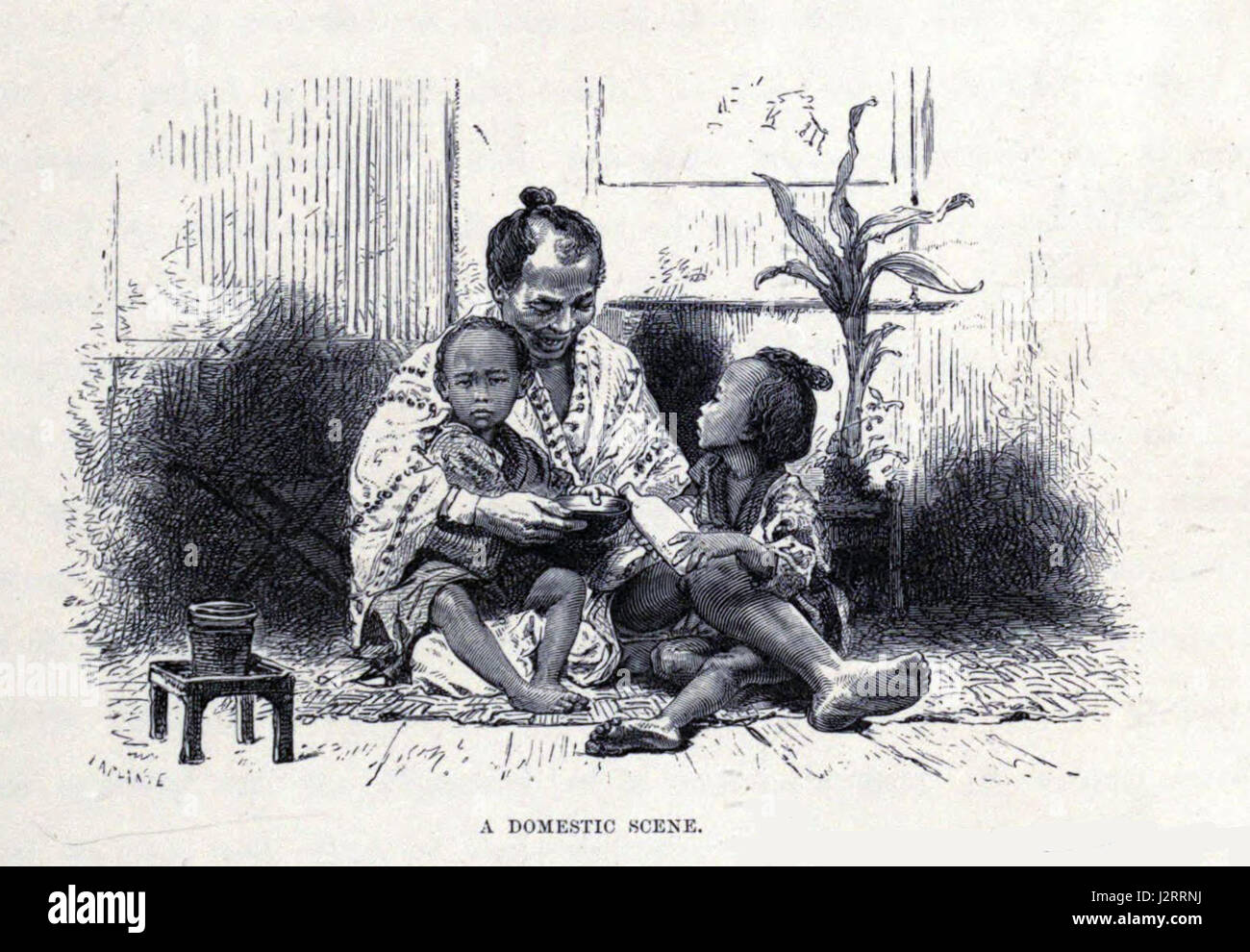 Cette pièce dépeint une scène domestique, représentant probablement la vie quotidienne ou un moment familial intime dans une maison. Il met en évidence la simplicité et la richesse des environnements domestiques, mettant éventuellement en valeur des activités ou des interactions typiques au sein d’un ménage. Banque D'Images