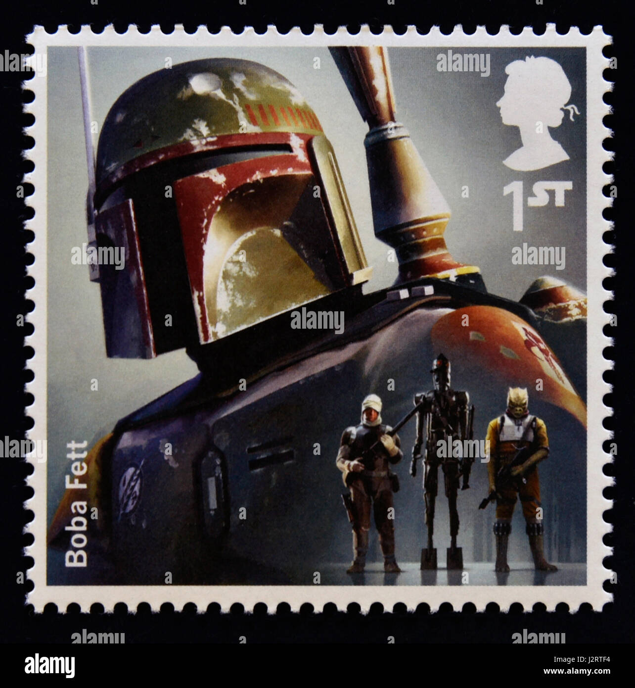 Timbre-poste. La Grande-Bretagne. La reine Elizabeth II. 2015. La collection de timbres Star Wars. Caractères. Boba Fett. Banque D'Images