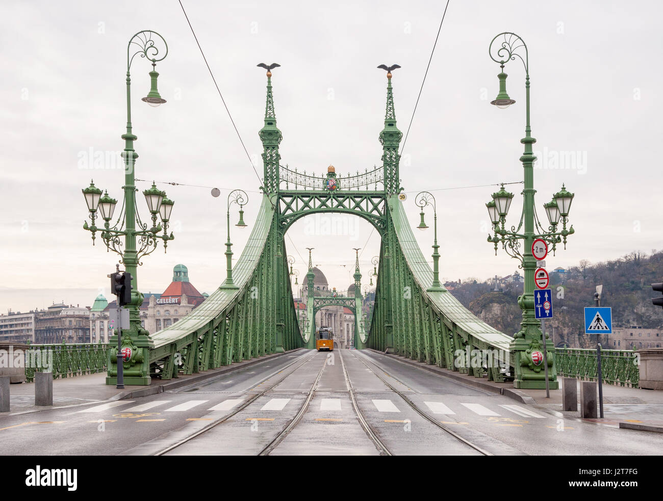 BUDAPEST, HONGRIE - le 21 février 2016 : Pont de la liberté ou de la liberté et pont train jaune à Budapest, Hongrie. Banque D'Images