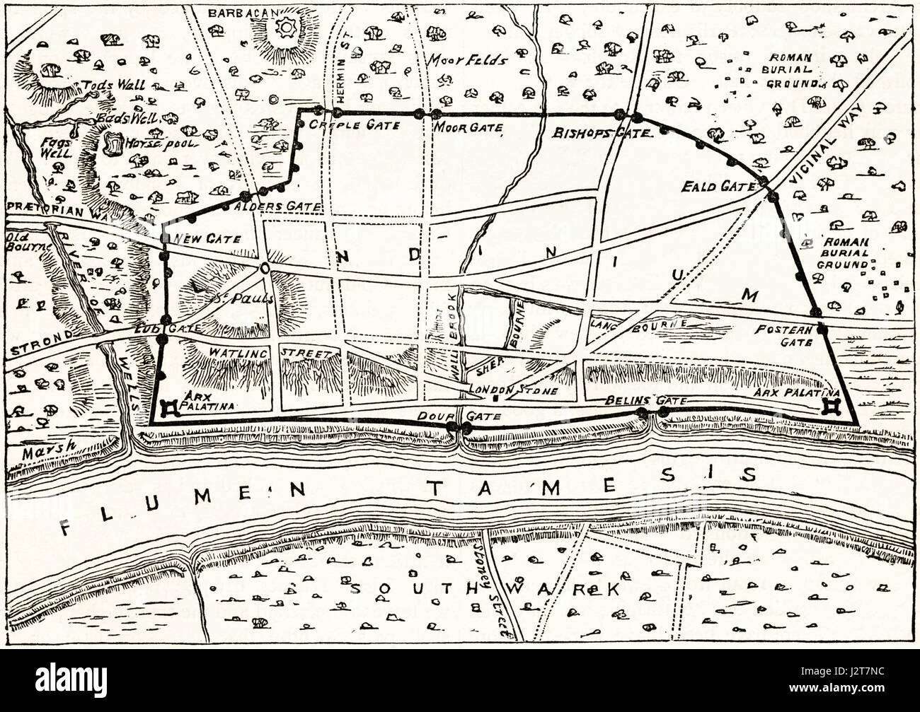 Carte de Londres Romain montrant les anciens murs. La gravure de l'époque victorienne circa 1880. Banque D'Images