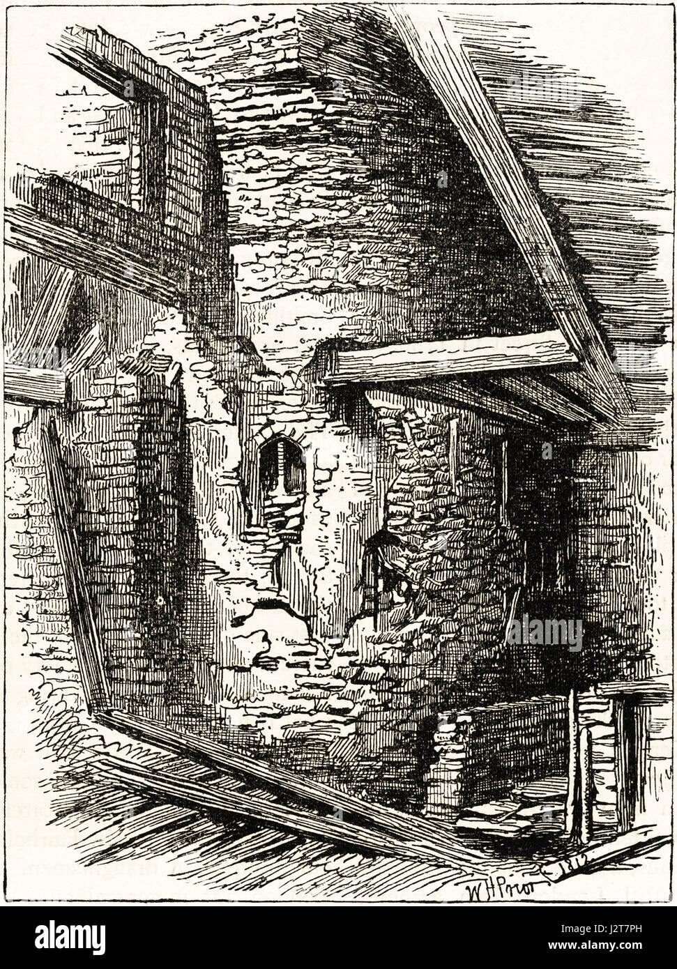 Section de l'ancien mur romain en 1812 près de Falcon Square, Londres. La gravure de l'époque victorienne circa 1880. Banque D'Images