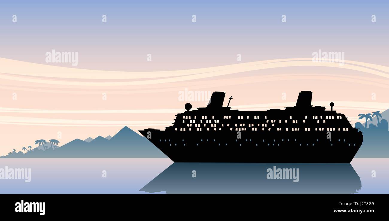 Une scène d'un navire de croisière silhouette sur les eaux calmes, matin. Illustration de Vecteur