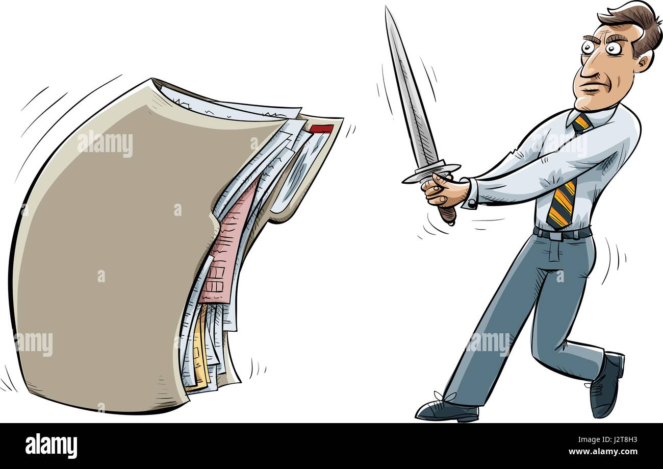 Un dessin animé détient un grand homme d'épée et fait face à un dossier de fichiers. Illustration de Vecteur