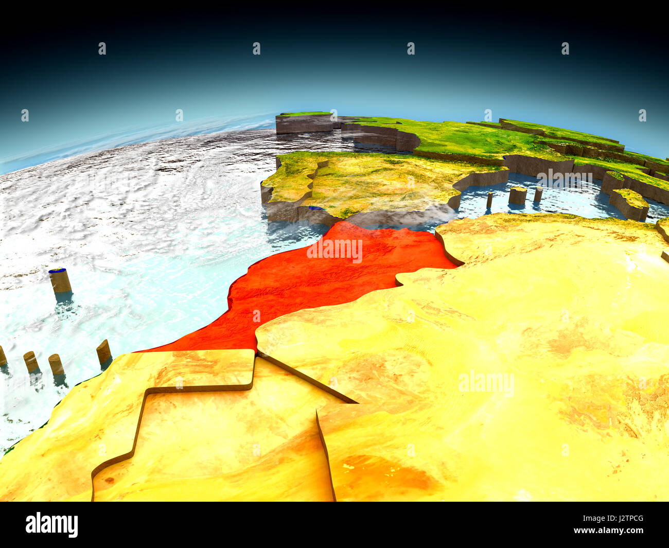 Le Maroc en rouge sur le modèle de la planète Terre vue de l'orbite terrestre. Illustration 3D détaillés avec surface de la planète. Éléments de cette image fournie par la NASA. Banque D'Images