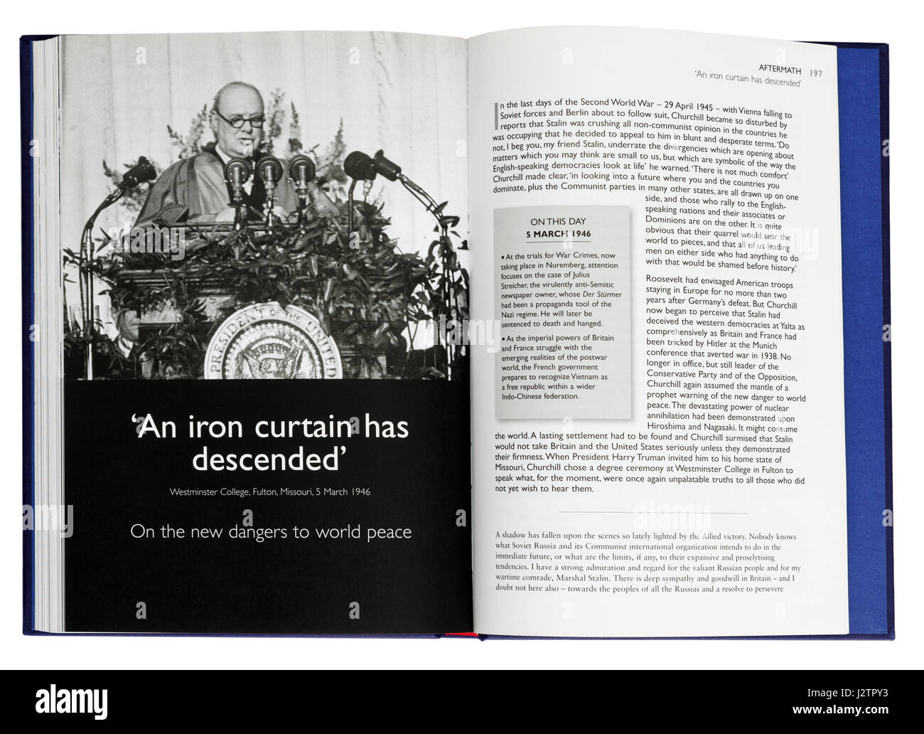 Un rideau de fer s'est abattu : une page d'un livre illustré de Winston Churchill's célèbre discours de guerre Banque D'Images