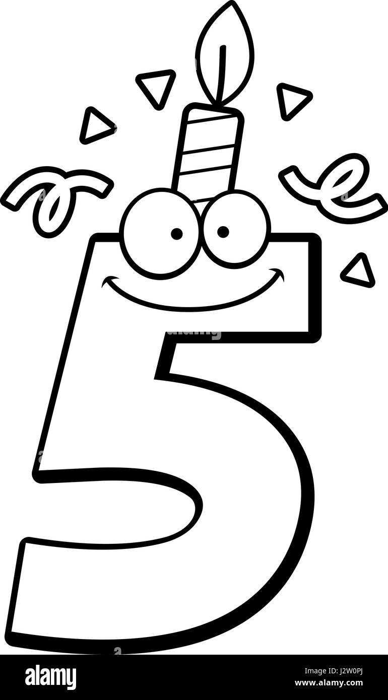 Illustration d'une caricature d'un certain nombre de cinq avec une bougie d'anniversaire et de confettis. Illustration de Vecteur