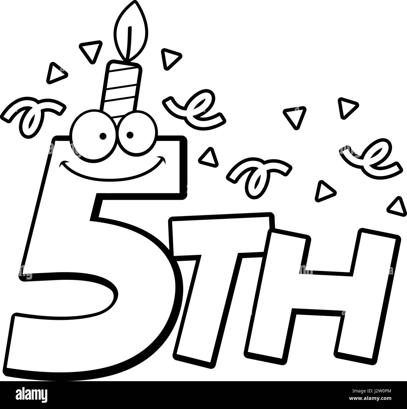 Illustration d'une caricature du texte 5e avec une bougie d'anniversaire et de confettis. Illustration de Vecteur