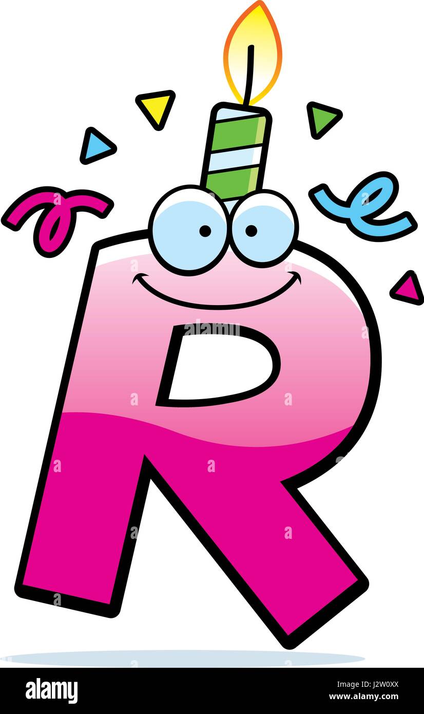Illustration d'un dessin d'une lettre R avec une bougie d'anniversaire et de confettis. Illustration de Vecteur