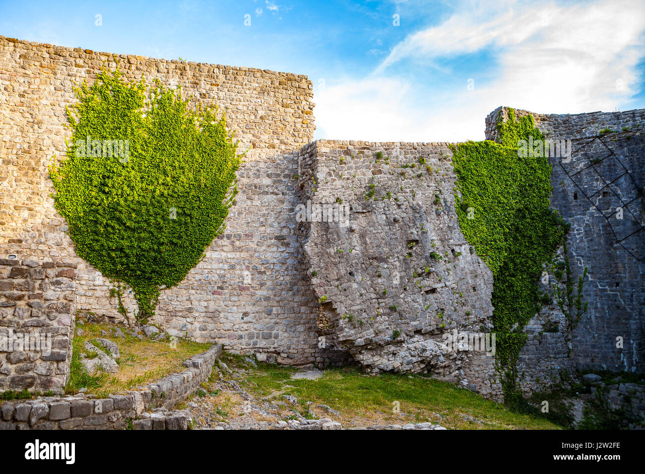 Ruines du mur médiéval avec de la verdure, dans la vieille ville de Bar, Monténégro Banque D'Images