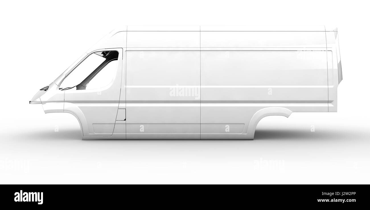 Corps blanc van sans roue, moteur,intérieur Banque D'Images