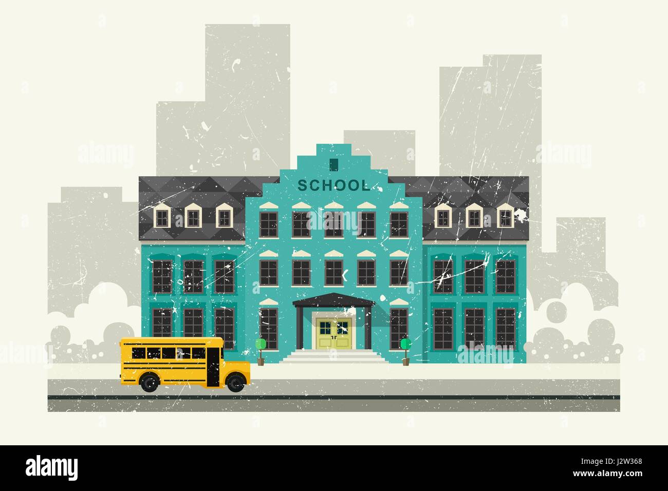L'école et bus jaune Illustration de Vecteur
