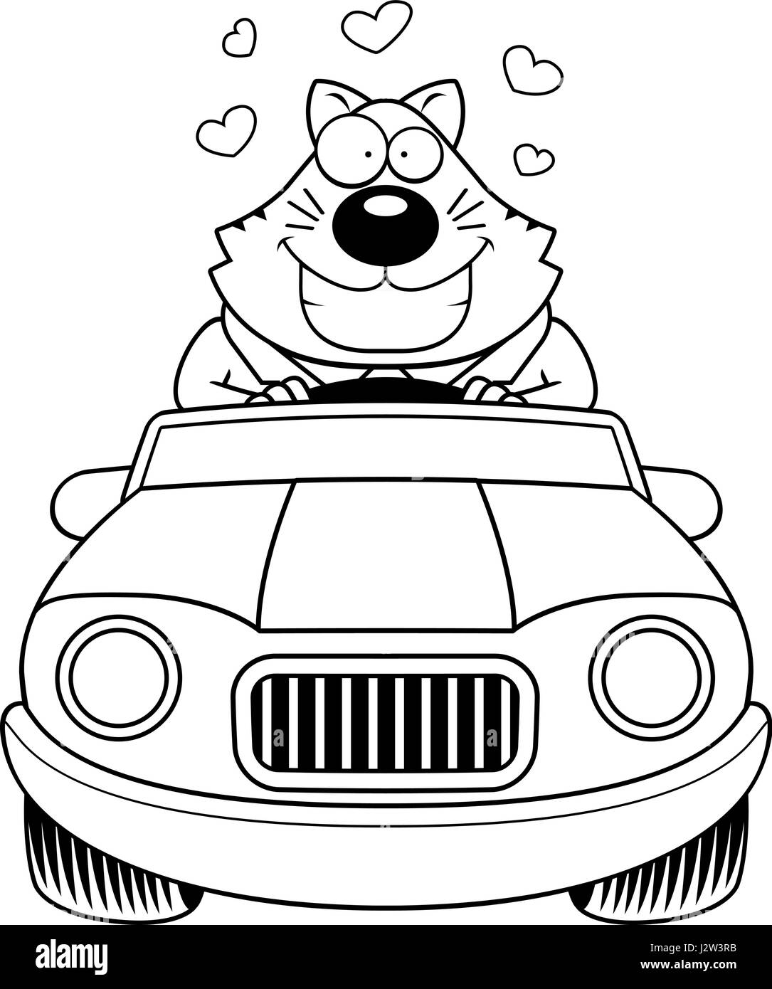 Un cartoon illustration d'un gros chat dans l'amour la conduite d'une voiture. Illustration de Vecteur